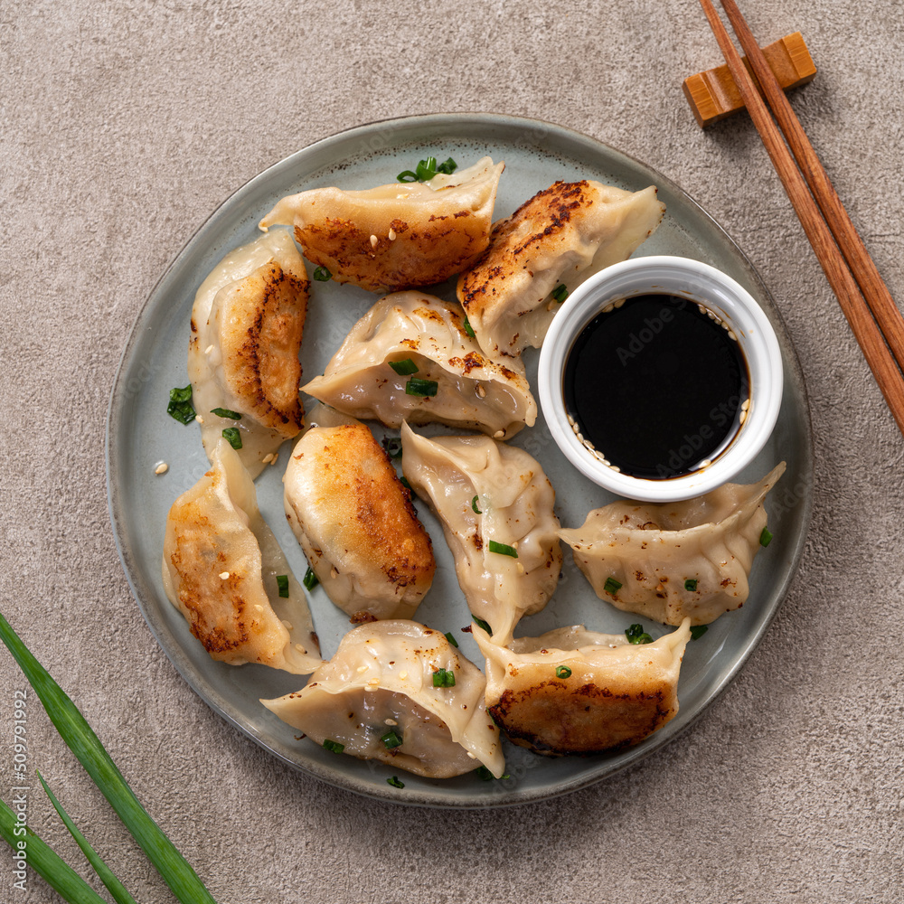 Pan-fried gyoza dumpling jiaozi in a plate with soy sauce on gray table background.