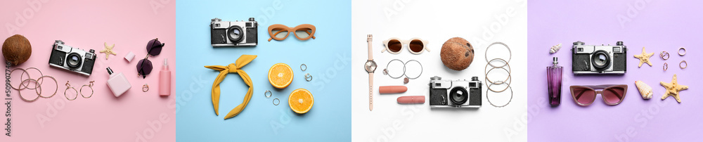 Set of photo camera, fruits, cosmetics and travelers accessories on colorful background, flat lay