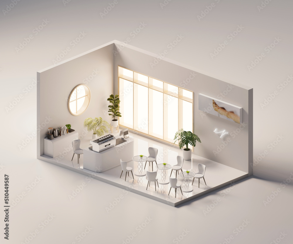 Isometric view minimal cafe store open inside interior architecture, 3d rendering digital art.