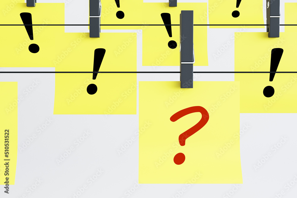 Creative yellow papers with question and exclamation marks hanging on ropes. Solution and answer con