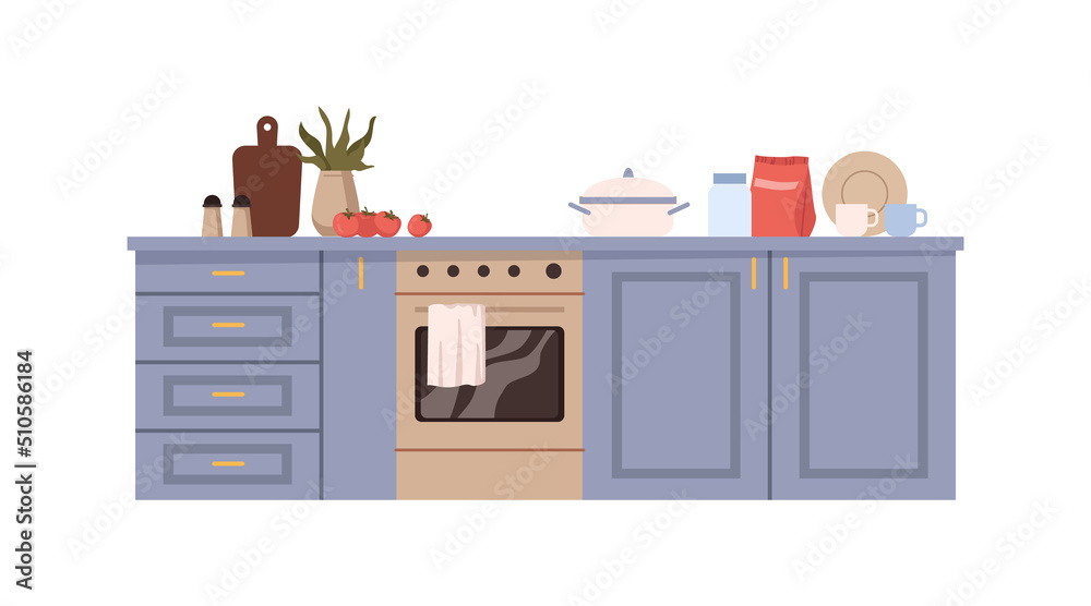 厨房、家具和配件的室内设计。用于烹饪和准备的柜台和炉灶