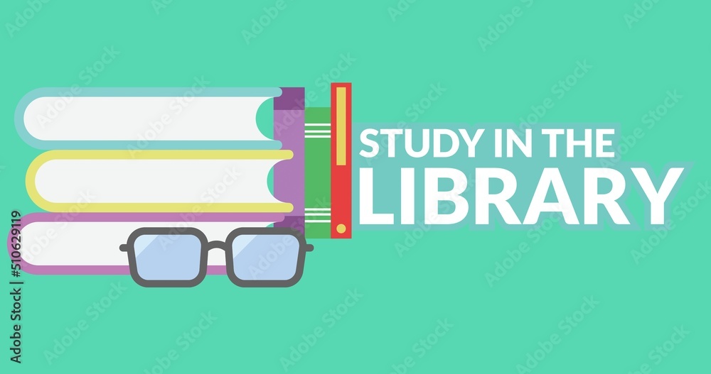 蓝色背景下图书馆文本中叠着眼镜和书房的书籍插图