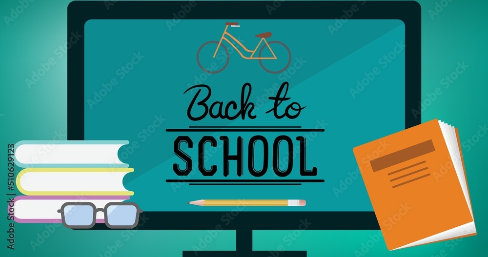 Illustration of books, eyeglasses and back to school text with pencil and bicycle on computer screen