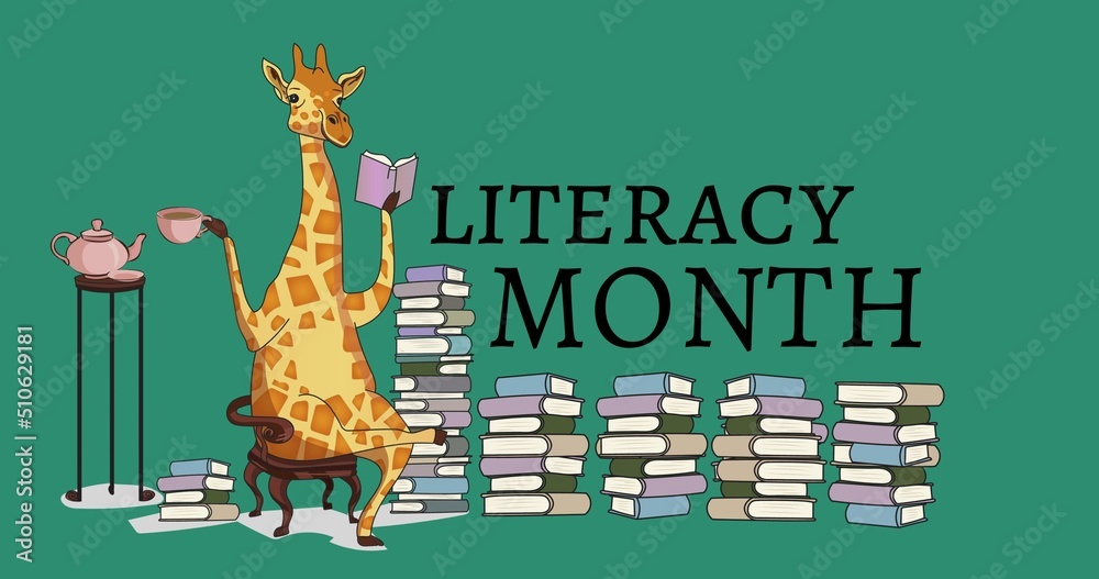 Illustration of giraffe reading book and drinking coffee on chair with books and literacy month text