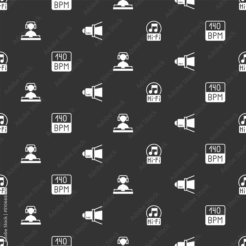 Set Music note, tone, Bitrate, DJ playing music and Movie spotlight on seamless pattern. Vector