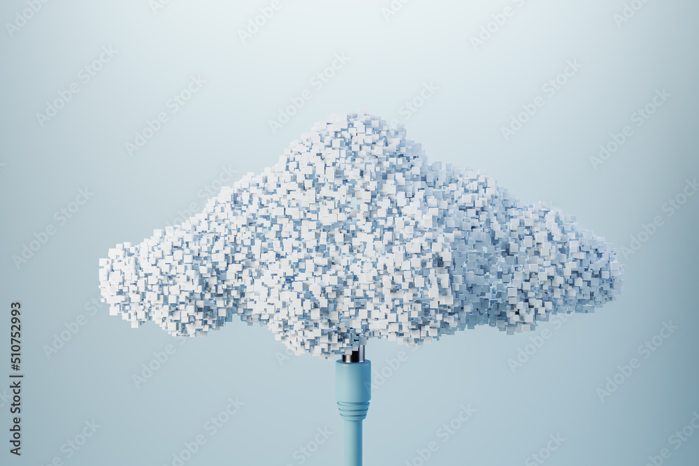 数据存储和云技术概念，蓝线连接到抽象上的白色像素化云