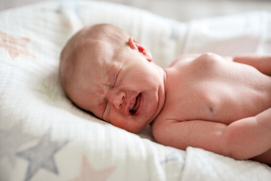 Newborn baby crying on a white background