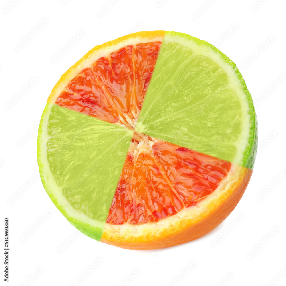 白色背景下不同多汁柑橘类水果的拼贴