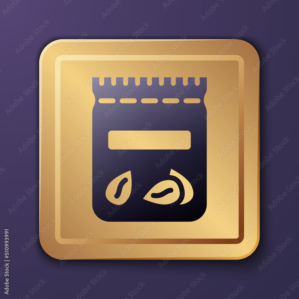 Purple Pack full of seeds of a specific plant icon isolated on purple background. Gold square button