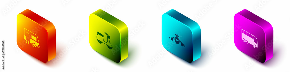Set Isometric Rv Camping trailer, Scooter, Plane and Bus icon. Vector
