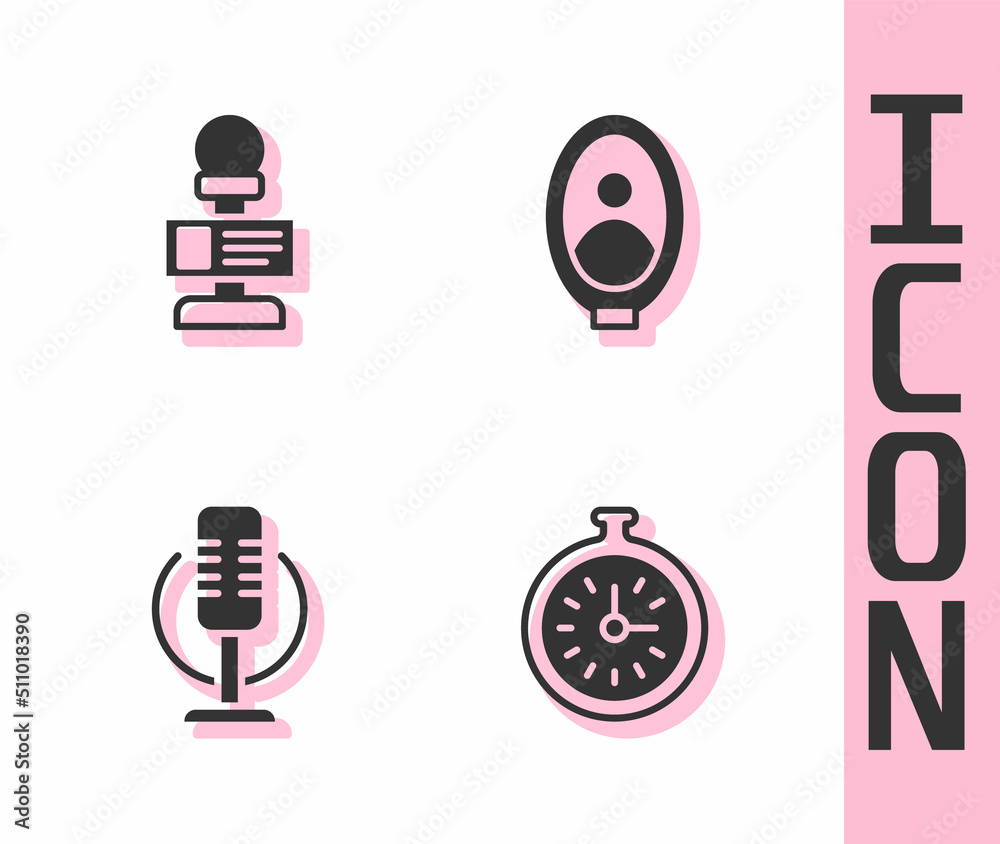 Set Pocket watch, Microphone, and Portrait picture in museum icon. Vector