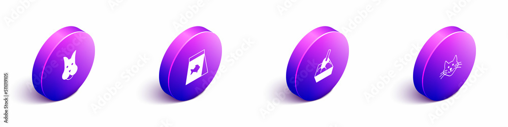 Set Isometric Dog, Food for fish, Cat litter tray with shovel and icon. Vector