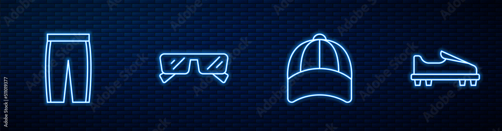 Set line Baseball cap, Golf pants, Glasses and shoe. Glowing neon icon on brick wall. Vector