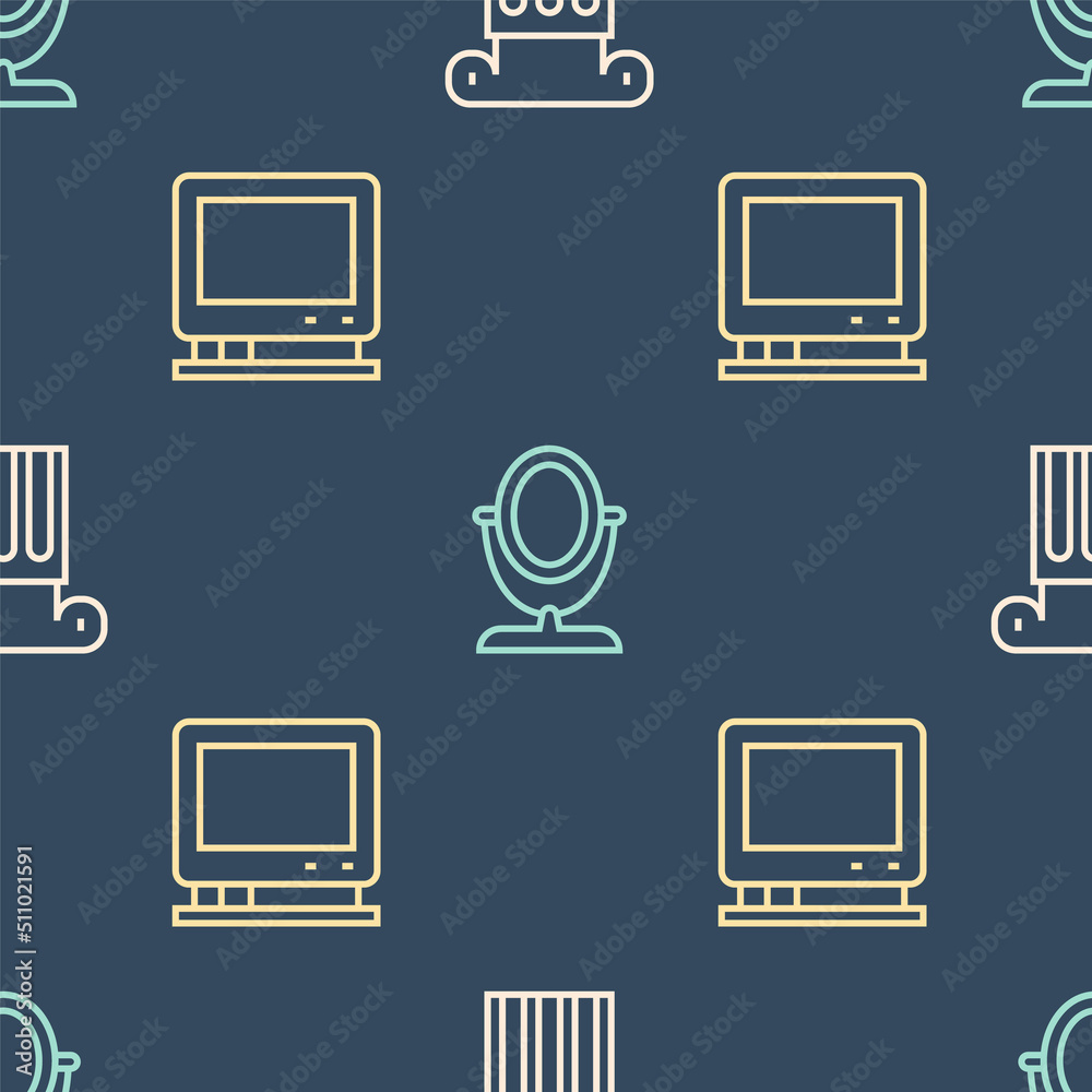 Set line Ancient column, Retro tv and Round makeup mirror on seamless pattern. Vector