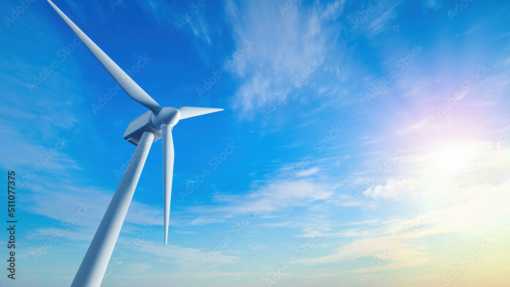 风力涡轮机在明亮的蓝天下的低角度。可再生或绿色能源概念。w的景观