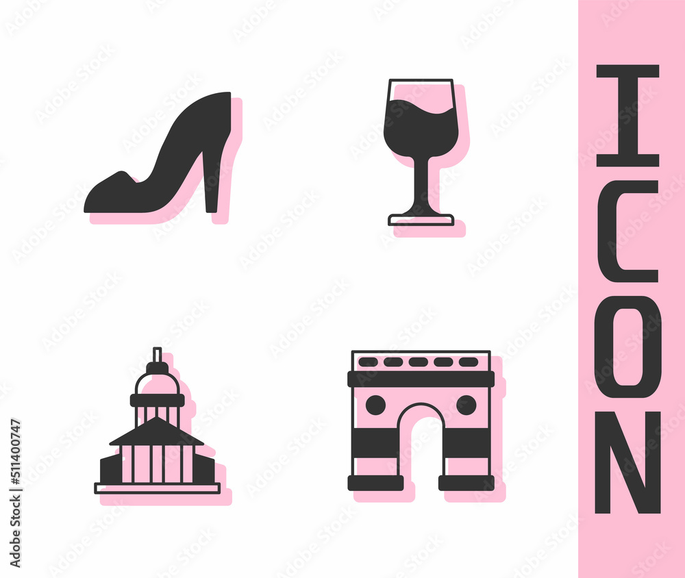 Set Triumphal Arch, Woman shoe, Museum building and Wine glass icon. Vector