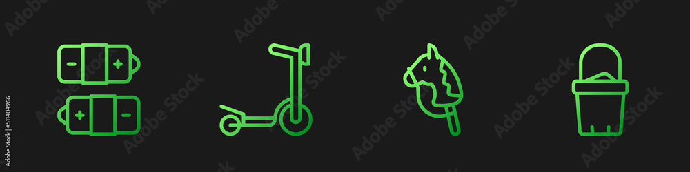 Set line Toy horse, Battery, Roller scooter and Sand in bucket. Gradient color icons. Vector