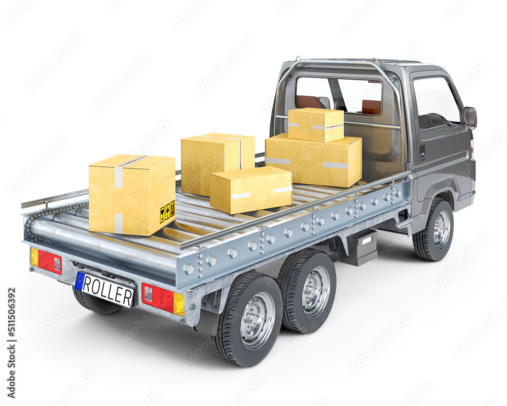 连接到卡车而不是车体的传送带上的箱子，传送带交付和生产混凝土