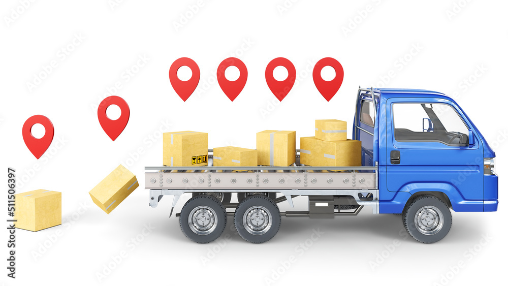 卡车的前视图，带有传送带而不是车体，运送带有地理位置标志的箱子
