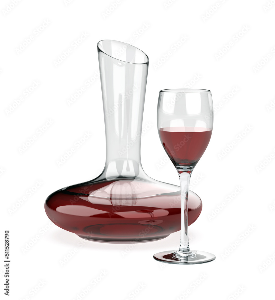 白底红葡萄酒滗析器和玻璃杯
