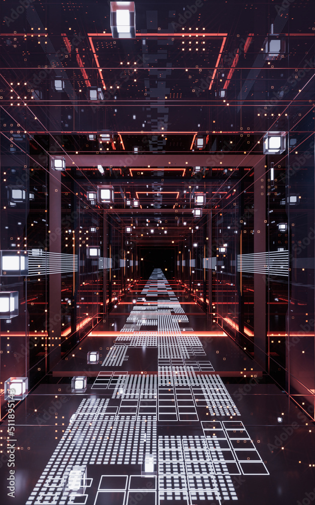 数字网络空间，科幻概念隧道，三维渲染。