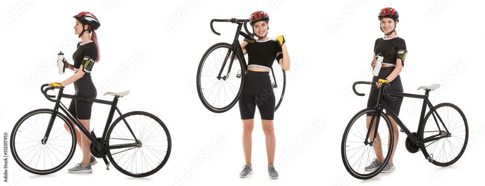白底骑自行车的女自行车手套装