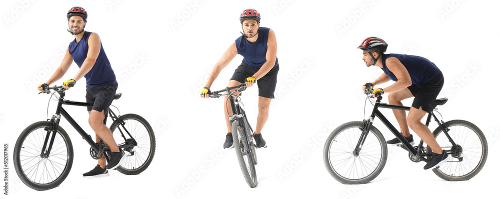 Set of male cyclist riding bicycle on white background