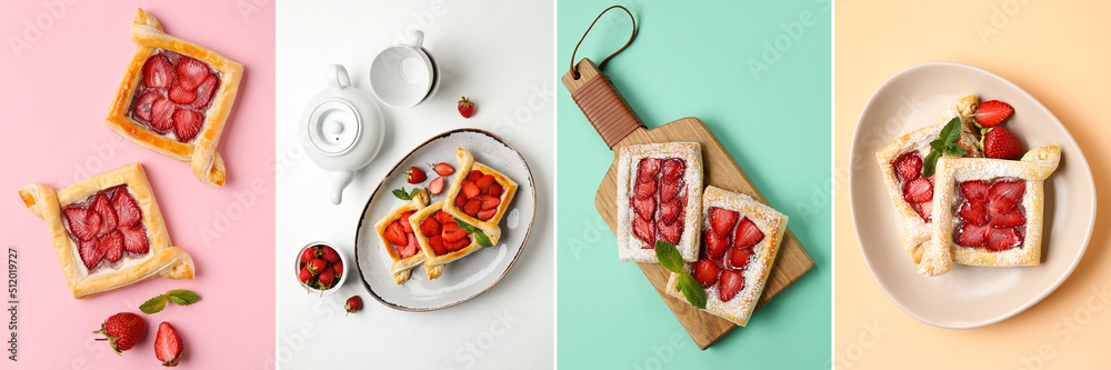 Collage with sweet strawberry puff pastries on color background, top view