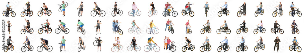 将许多不同的人与自行车隔离在白色上