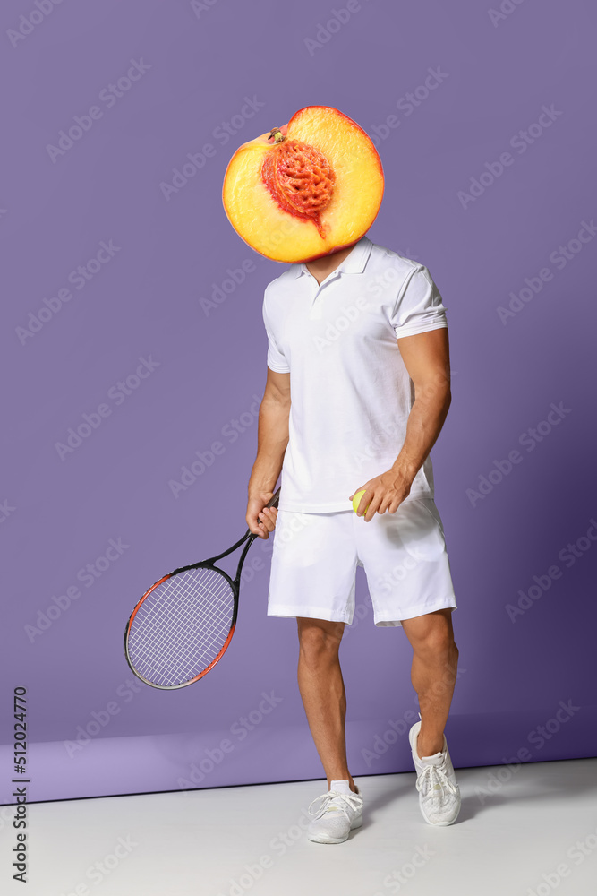 Tennis player with ripe peach instead of his head on color background