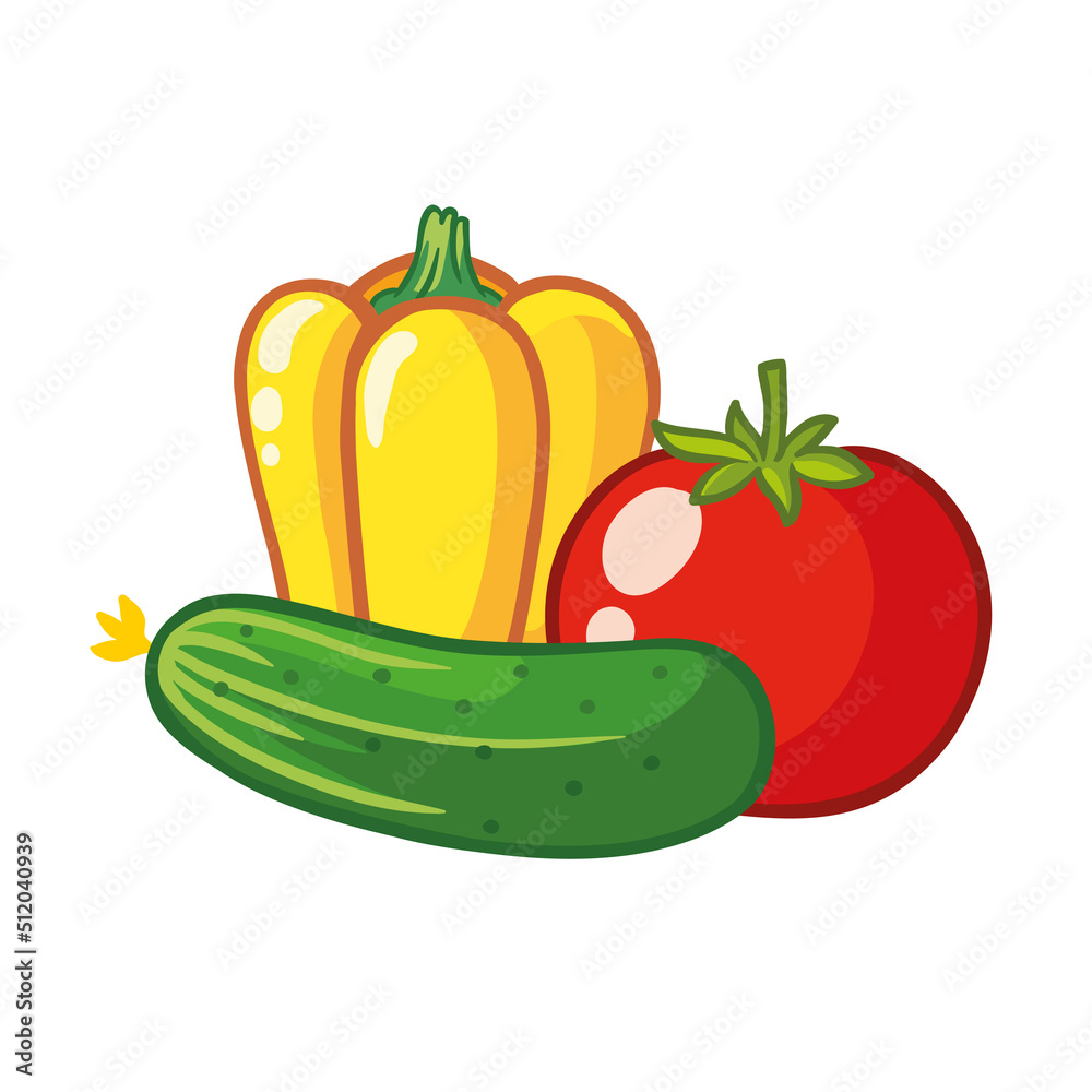 辣椒、番茄和黄瓜。卡通风格的蔬菜矢量插图。