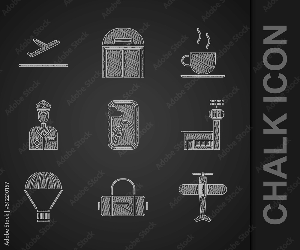 Set Airplane window, Suitcase, Plane, Airport control tower, Box flying parachute, Pilot, Coffee cup