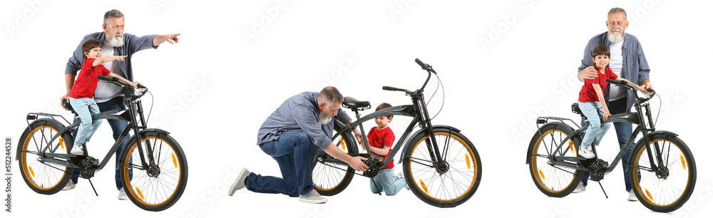 白底骑自行车的小男孩和他的祖父