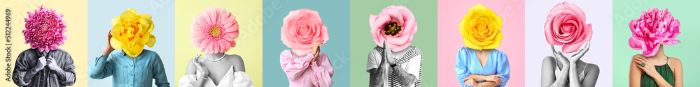 一群人戴着美丽的花朵，而不是他们的头放在五颜六色的背景上