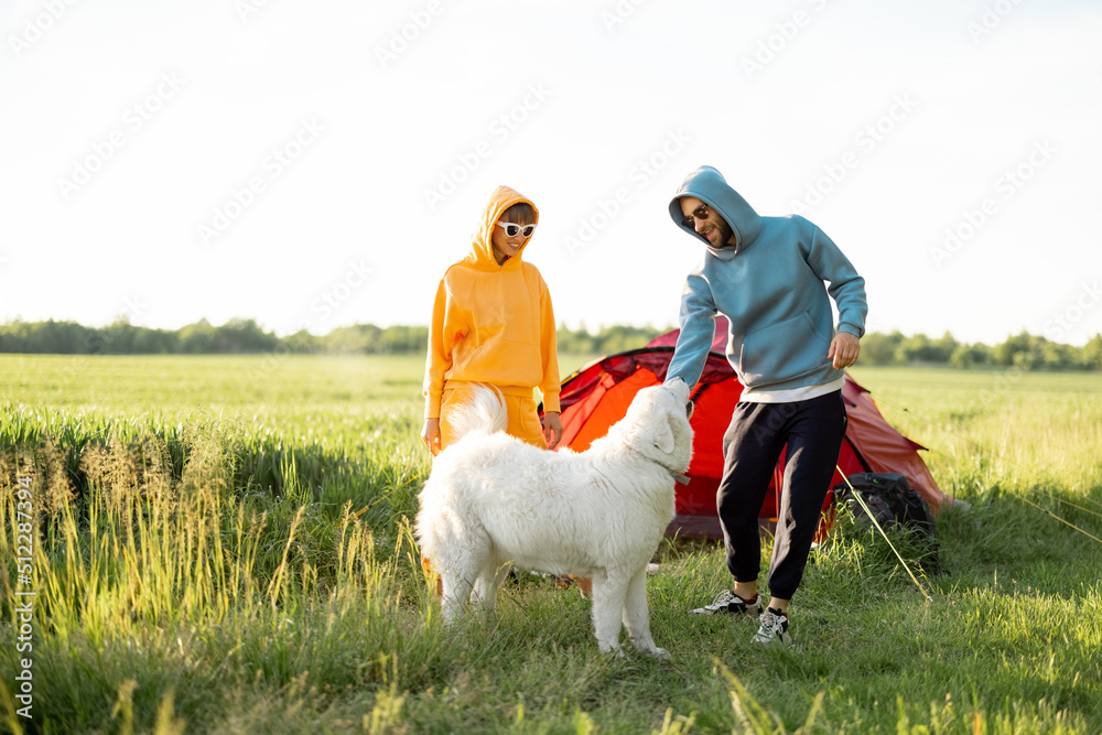 年轻夫妇和他们的狗一起玩，在大自然中带着帐篷愉快地度过夏天。兰