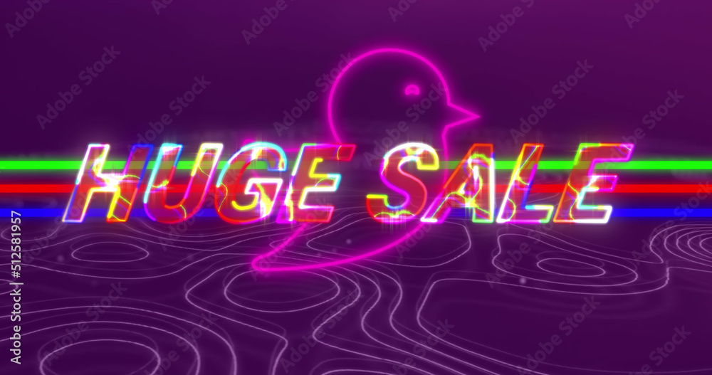 霓虹鸟和紫色背景上的等高光灯的巨大销售图像