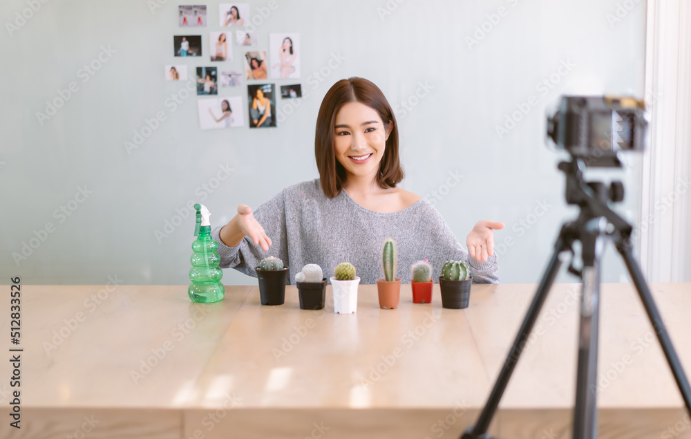 快乐的亚洲女孩vlogger网红微笑记录摄像机拍摄现场销售和聊天ca