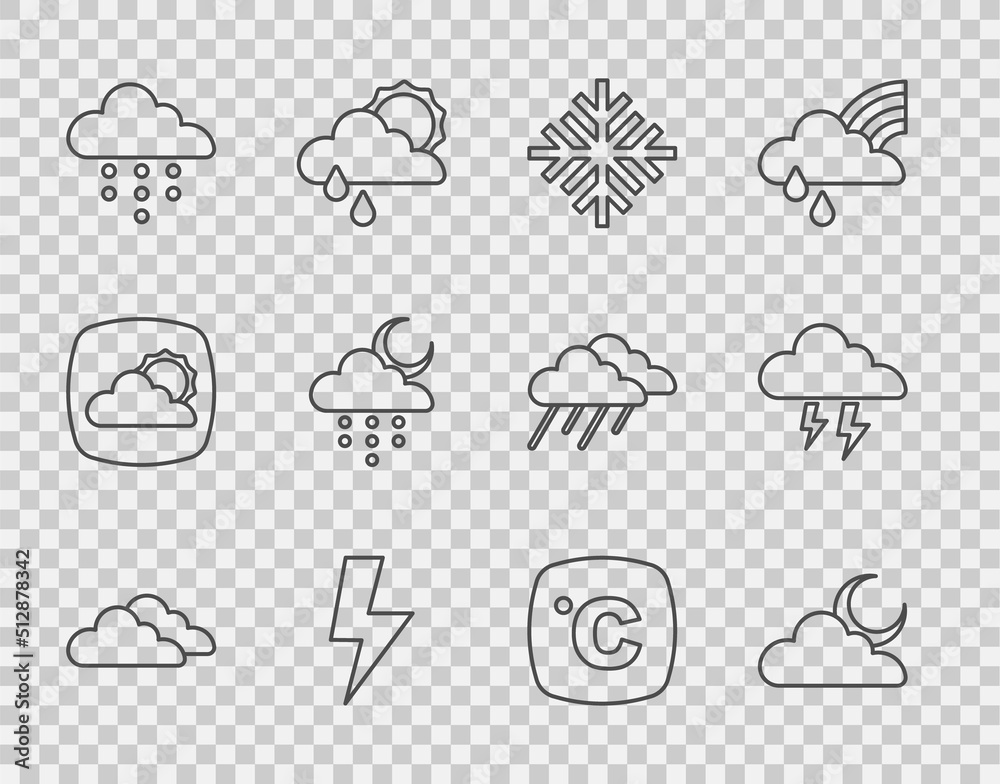 设置线云，带有月亮、雪花、闪电、雨水、和、摄氏度和风暴图标。矢量