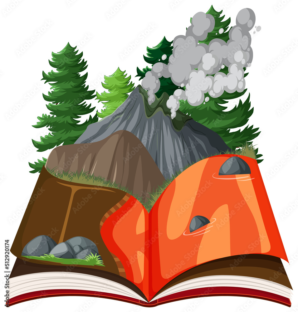 Scene in book with volcano in forest