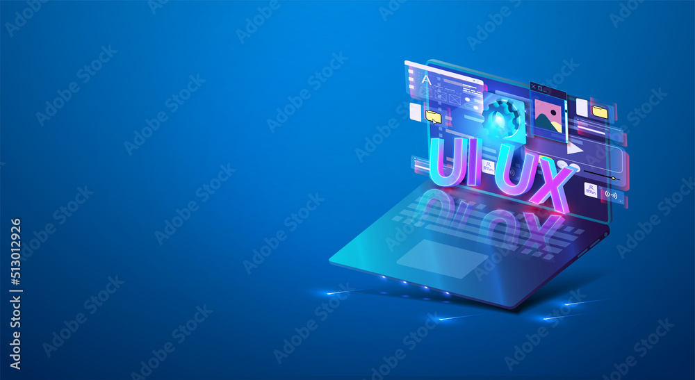 移动UI/UX开发设计概念移动应用程序霓虹灯设计。带接口的笔记本电脑