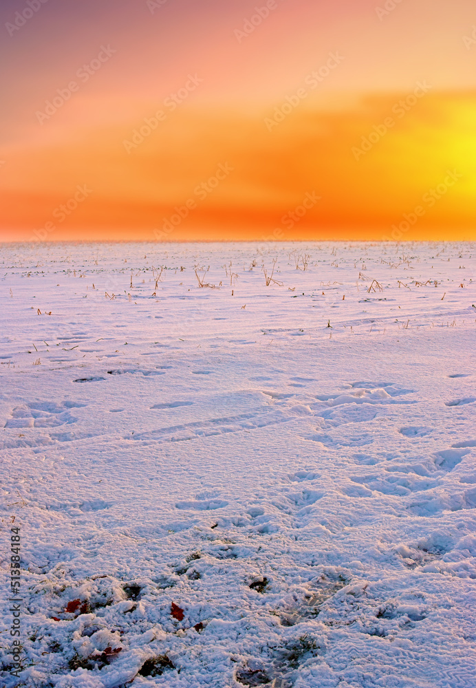 橙色日落时白雪覆盖的田野。空旷冰冻的农田上令人惊叹的橙色天空。冬季景观