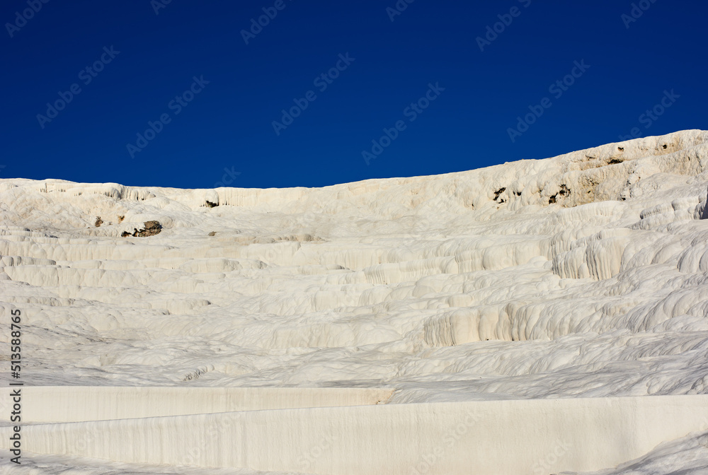 土耳其帕穆卡莱的石灰华阶地景观。具有弯曲图案纹理的沙漠沙