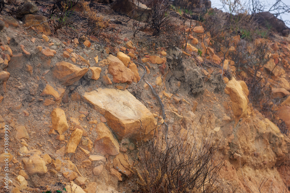 在地表上或附近形成的沉积岩层。干燥的山地土壤纹理视图