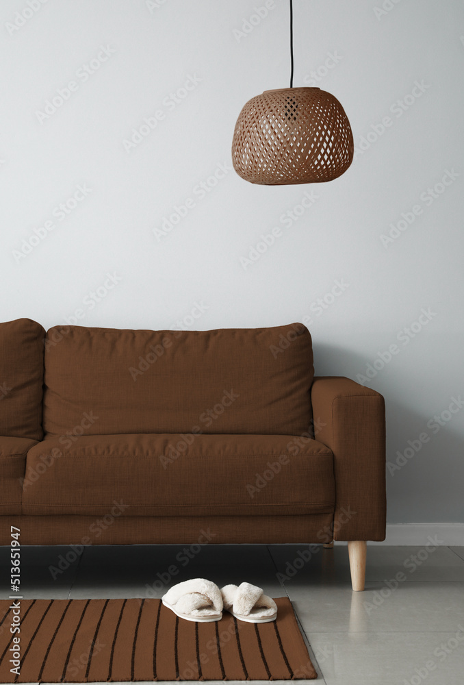 带舒适棕色沙发的现代客厅内部