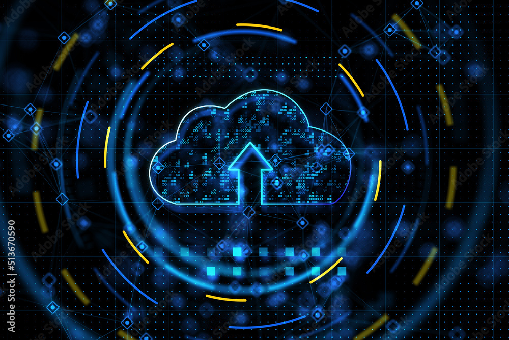 Cloud computing technology and data storage concept with digital graphic glowing blue cloud symbol w