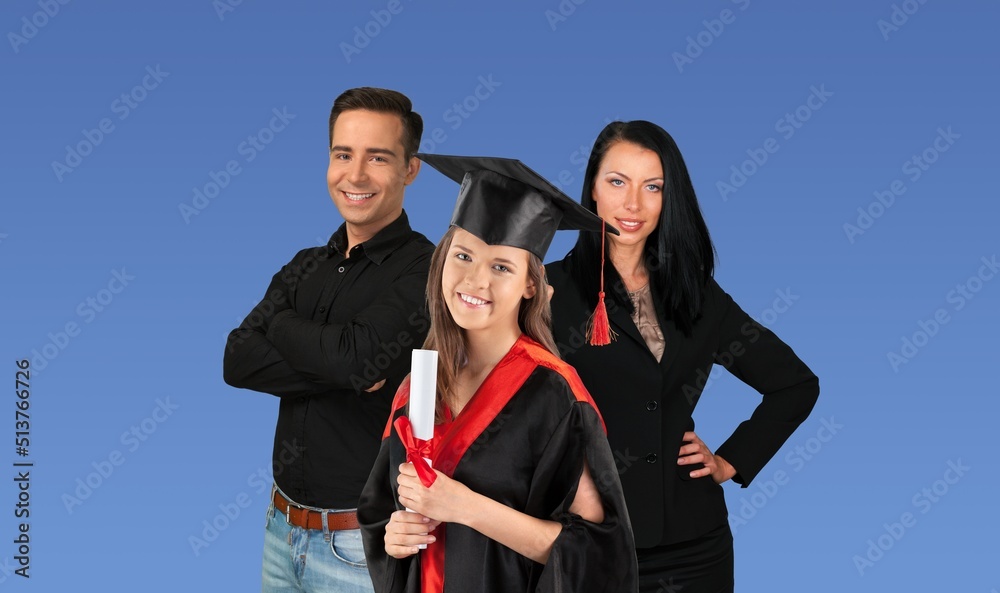 Happy graduation student with her parents on color background