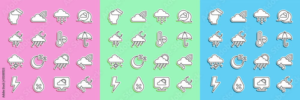 Set line Cloud with rain and moon, Rainbow cloud, Umbrella, Storm, Man having headache and Meteorolo