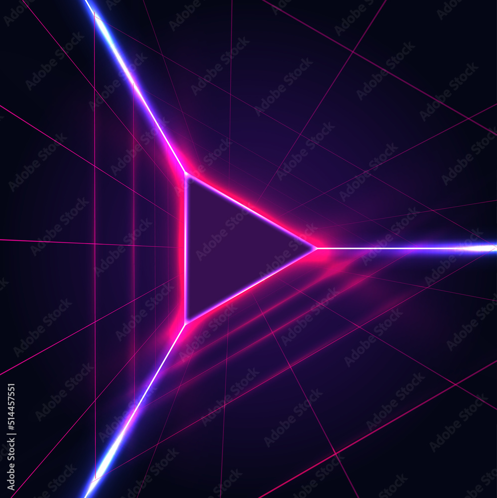 抽象霓虹灯发光的三角形在深紫色背景上播放带有激光网格的图标标志。背景