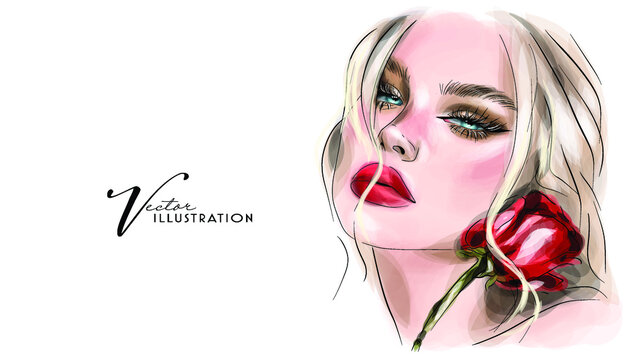 Abstract girl model face makeup drawing sketch. Beautiful young woman fashion portrait illustration.