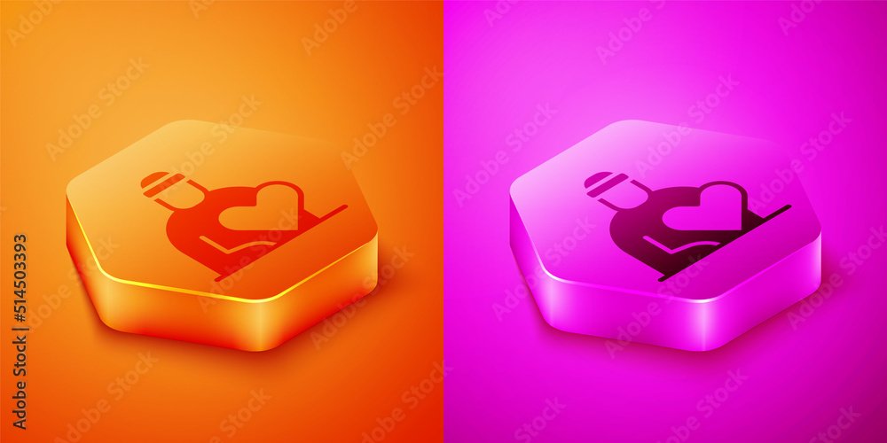 Isometric Volunteer icon isolated on orange and pink background. Care, love and good heart community